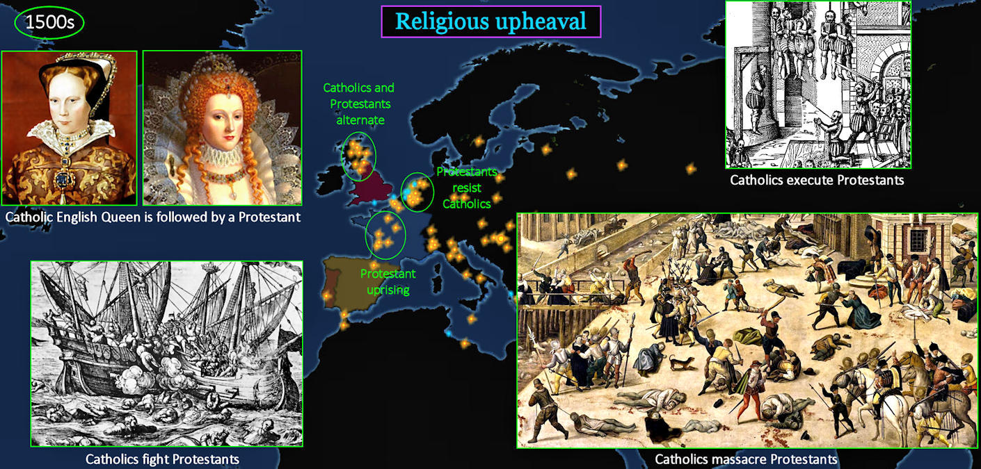 Catholics fight Protestants, 1500s map